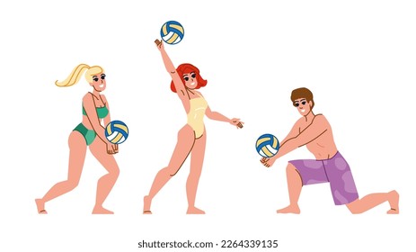 beach volleyball vector. summer ball, fun activity, play group, men outdoors, vacation game beach volleyball character. people flat cartoon illustration