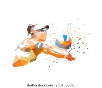 Beach volleyball woman, isolated low poly vector illustration. Summer sport female athlete