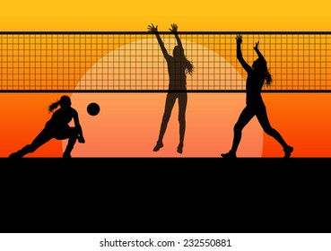 Beach Volleyball Woman Player Vector Sunset Background Concept