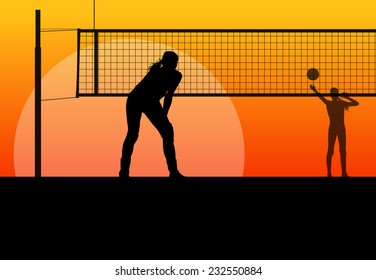 Beach volleyball woman player vector sunset background concept