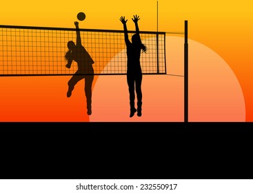 Beach Volleyball Woman Player Vector Sunset Background Concept