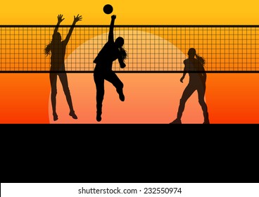 Beach volleyball woman player vector sunset background concept
