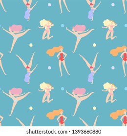 Beach volleyball women team in swim suits contemporary art flat vector illustration active female athlets  play sports enjoying freedom lifestyle in summer vacations