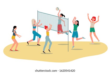 Beach volleyball womens team players flat vector illustration isolated on white background. Sportive girls cartoon characters playing game on sand plage.