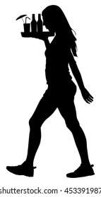 Beach waitress with full tray, waiter silhouette vector, Barmen lady, servant in restaurant taking orders. Worker girl in pub serve food and drinks for guests. Working and travel, summer temporary job