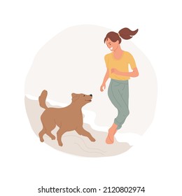 Beach walk abstract concept vector illustration. Smiling teenage girl running with dog on beach, spending free time outdoors, leisure time near sea, enjoying waves and sky abstract metaphor.