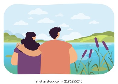 Beach walk of happy couple in summer. Man and woman looking at river or lake landscape together flat vector illustration. Family, love, date concept for banner, website design or landing web page