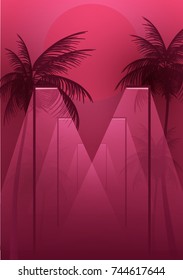 Beach Walkway at Night with Moonlight and Palm Trees  - Vector Illustration