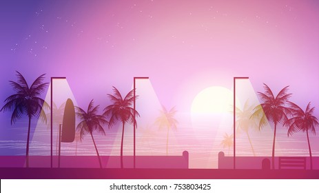 Beach Walkway at Sunset with Palm Trees  - Vector Illustration
