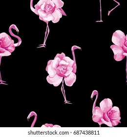 Beach wallpaper with a beautiful tropic pink flamingo and rose flowers. Seamless vector composition on black background