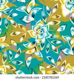Beach wallpaper seamless pattern with colorful tropical floral plants leaves on abstract wave background. Seamless sketch, tropical flower and leaves summer print. flowers background. nature prints