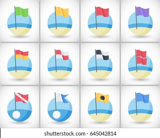 Beach Warning Flags Icons Set, Flat Design Of International Signs, Flag On The Beach With Round Shadow, Vector Illustration