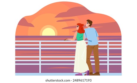 beach watching sunset  vector.  couple sun, lonely romantic, adult tranquil beach watching sunset character. people flat cartoon illustration