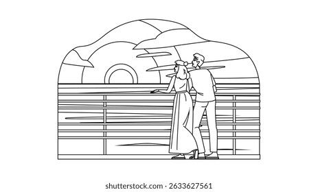 beach watching sunset vector. couple sun, lonely romantic, adult tranquil beach watching sunset character. people black line pencil drawing illustration