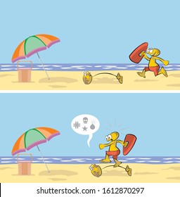 A beach watchman who runs along the beach towards the rescue steps on an old man buried in the sand next to his beach umbrella. Vector illustration in cartoon style, available in EPS 10.