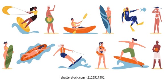 Beach and water activities people, surfing, diving and canoeing. Cartoon characters doing extreme water or beach sports vector illustration set. Summer vacation activity as kiting and water skiing