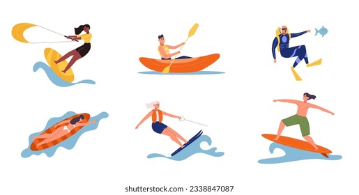 Beach and water activities people, surfing and kiting. Vector of surfing water sea, sport fun summer, kite and extreme illustration