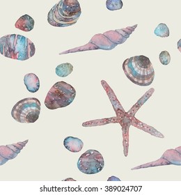 beach watercolor seamless pattern in soft colors with pebble, shell and starfish