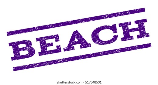Beach watermark stamp. Text tag between parallel lines with grunge design style. Rubber seal stamp with dirty texture. Vector indigo blue color ink imprint on a white background.