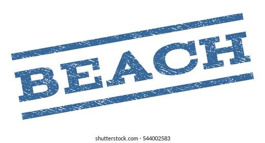 Beach watermark stamp. Text tag between parallel lines with grunge design style. Rubber seal stamp with scratched texture. Vector cobalt blue color ink imprint on a white background.