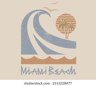 Obra de arte de la onda de la playa. Diseño gráfico de Vector de verano para ropa, pegatinas, carteles, fondo y otros. Diseño del Vector del club de surf. Obra de arte del paraíso de la playa de Miami.