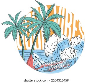 Beach wave graphic print design for t shirt print, poster, sticker, background and other uses. Summer good vibes retro artwork.