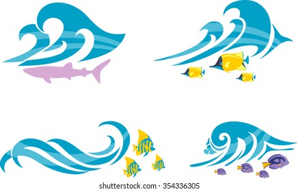 Beach Wave and Marine Life-Abstract artwork blue waves collection and fishes, usable for beach resort companies.