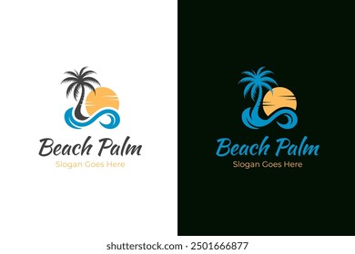 Beach wave with Palm tree logo design with sunset concept idea for summer symbol vector illustration