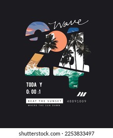 ola de playa y palmera en la ilustración número 24 vectorial sobre fondo negro