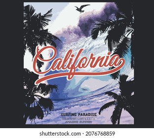 Beach wave with palm tree vector t shirt design. Summer graphic artwork for  apparel, poster, sticker and others uses.