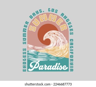 beach wave retro print design, summer logotype print design, summer abstract vector with typography