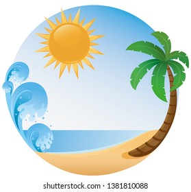 beach, wave, sun round, sea, circle, palm tree