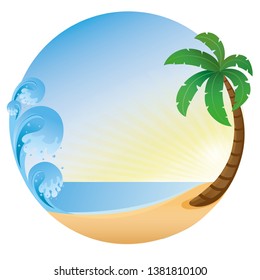 beach, wave, sun, sea, circle, palm tree