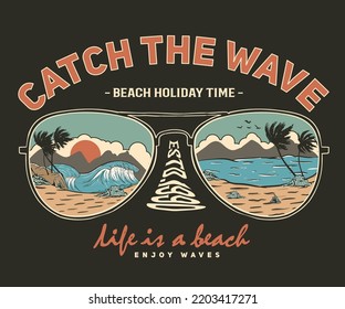 Beach wave with sunglass vector t-shirt design. summer vibes artwork design. Palm tree vector.