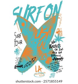 Beach wave. Surfboard. Abstract summer art. Summer t-shirt design. Surfing.