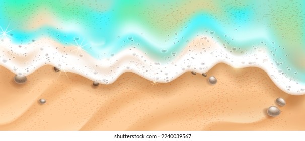 Beach wave top view, soft vector sea foam, 3D summer ocean texture border, sandy background. Aerial shore horizontal scene, travel tropical holiday banner, realistic froth. Beach foam tropical clipart