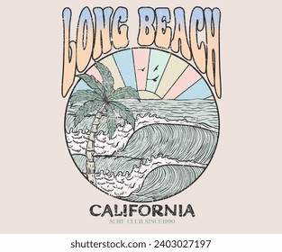 Beach wave t-shirt prints and other uses. California long beach print. Summer vintage graphic print design. Beach vibes print design. Hand sketch beach vector design. Big wave artwork. 