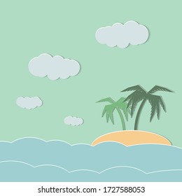 beach with waves and blue sky. Tropical landscape with beach. sea and palm trees. Vector illustration