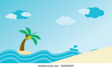  beach with waves  and blue sky . vector illustration.