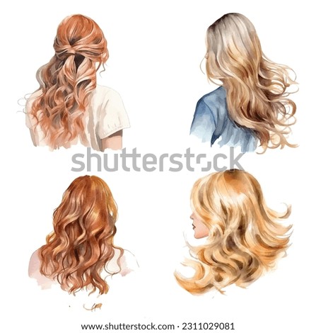 Beach waves female hairstyle watercolor paint collection