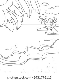 Beach, waves, palm tree. Coloring page, black and white vector illustration.