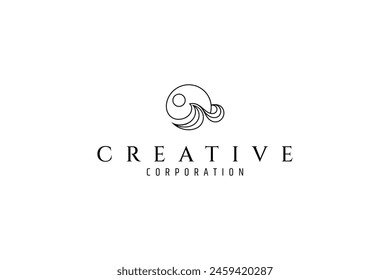 beach waves sun logo in linear line art design style