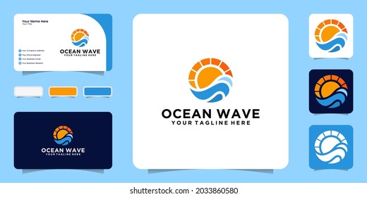 beach waves and sunset logo design with business card