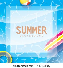 Playa con Waves, Surfboard, Ball y Swim Ring Summer Background Vector Design. Plantilla de banner estacional.