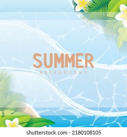Strand mit Wellen und tropischen Pflanzen Sommerhintergrund Vectordesign. Vorlage für saisonale Banner.