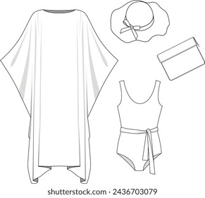 Beach wear fashion CAD set, drawings of long beach dress, beach hat, belted swimsuit and small handbag,
set of summer clothes on white background