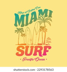 beach wear tee print design as vector with palm and surfboard drawing