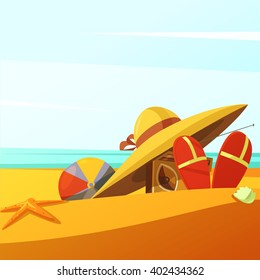 Beach wears background with hat ball radio and slippers cartoon vector illustration  