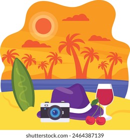 Beach Wears with Surf Board and Digital Camera concept, Summer time, sea and beach with coconut tree and stuff vector colorful design, Nature and landscape postcard, Scenic Warm Hot Season Vibes Sign