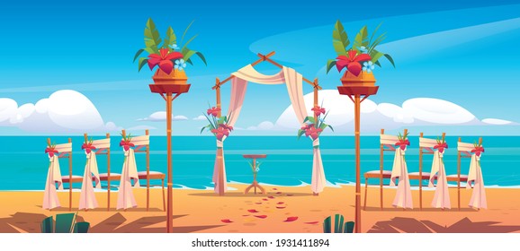 Hochzeitsbogen und Dekoration am Meer. Blumenbögen und -stühle stehen auf dem Sandstrand des Ozeans mit verstreuten Blütenblättern. Tor mit Blumen für die Ehe Trauung Zeremonie. Cartoon-Vektorgrafik